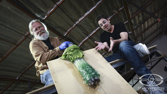 Bill Bryan puppeteers a slimy, inverted, tentacled, Alien SNOOT in this still from his SWSCA lesson with Steve Johnson.