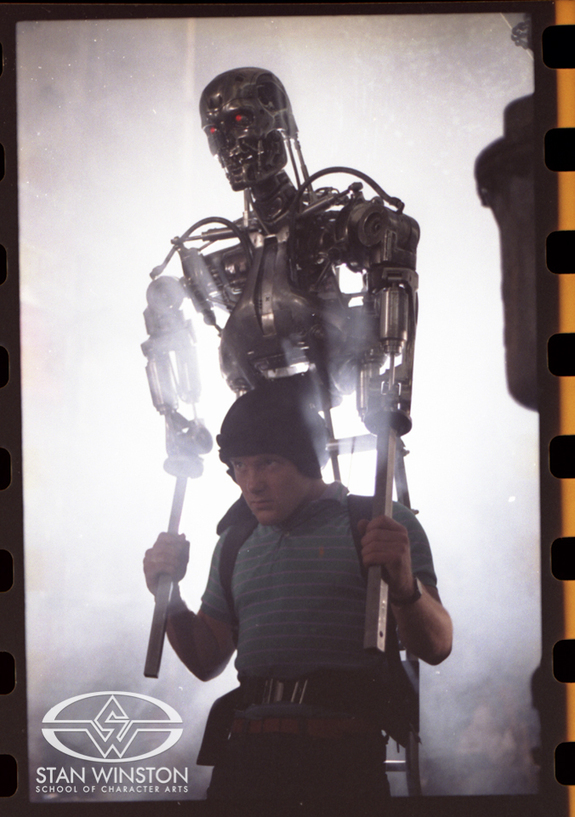 Shane Mahan wears the walking-rig for the reveal of the endoskeleton animatronic puppet in James Cameron's The Terminator.