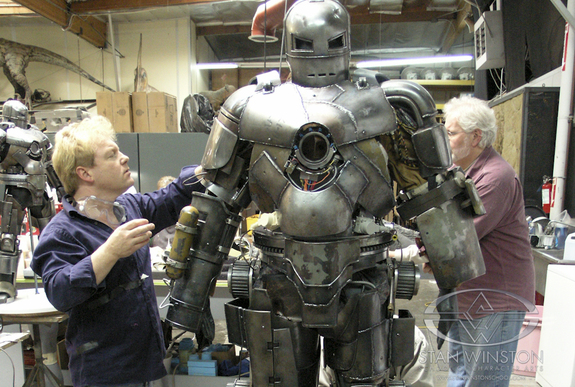 Iron Man's Iron Monger suit gets finishing touches from Shane Mahan & Model Shop coordinator Dave Merritt.
