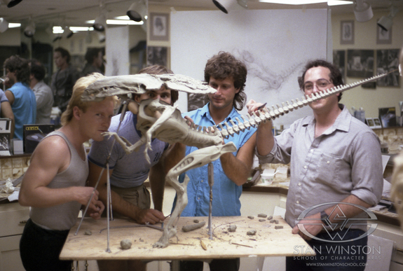 Shane Mahan (far left) with a team of sculptors including Alec Gillis and John Rosengrant, working on the Alien Queen maquette for James Cameron's Aliens.