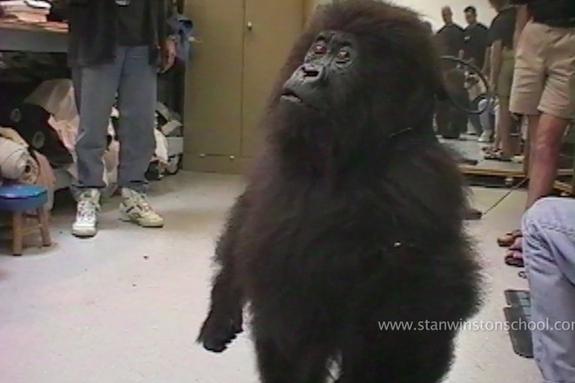 Stan Winston and crew watch Verne Troyer put their gorilla suit through its paces.