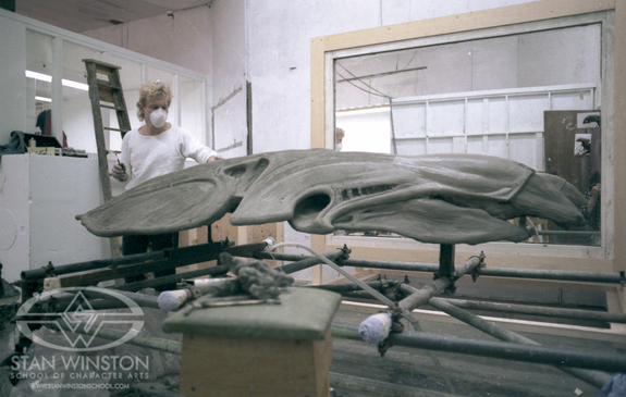 Shane Mahan sculpts secondary forms and detail into the blocked-out Alien Queen head sculpture.