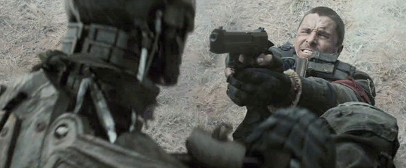John Connor (Christian Bale) struggles with a tenacious&nbsp;T-600 puppet.