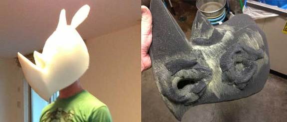 L:&nbsp;Basic rhino head constructed in foam. R: Rhino head with additional detail.