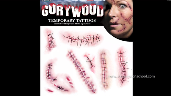 An offering from the commercial Tinsley Transfers' Gorywood line of consumer prosthetics for Halloween, Stapled and Stitched.