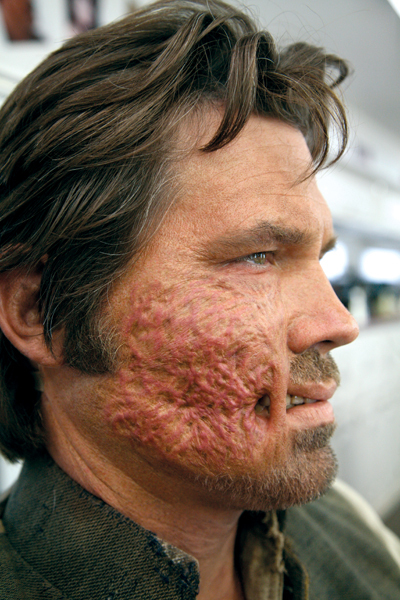 Longtime collaborator and friend, actor Josh Brolin, wears a makeup designed and applied by Christien Tinsley for the film Jonah Hex.