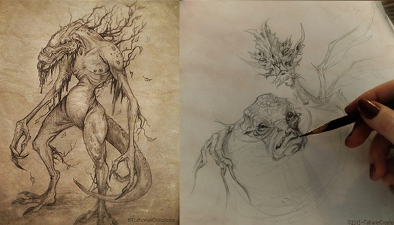 Pencil on parchment creature designs by Marita Tathariel.