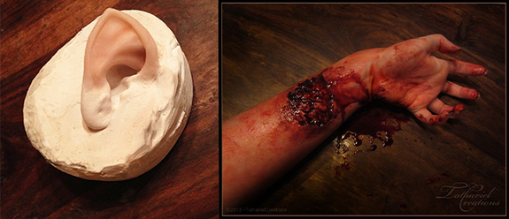 [Left] Prosthetic ear, sculpted on a lifecast of Marita's ear. [Right] Zombie wound prosthetic.