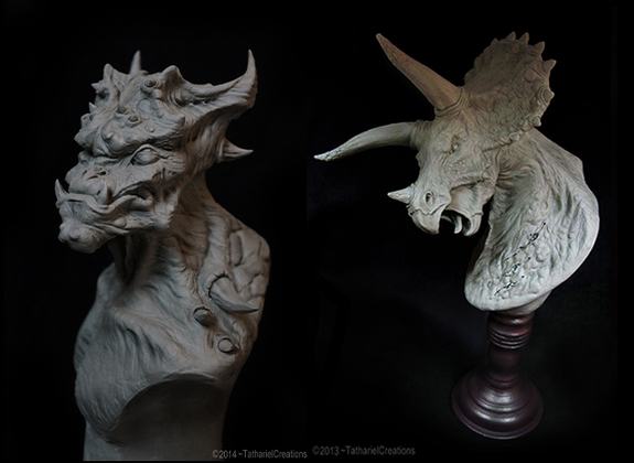 Two chavant sculptures by Marita Tathariel, a demon and a triceratops.