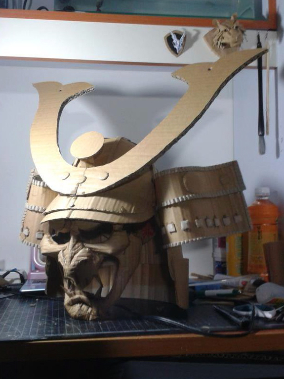 Cardboard Optimus Prime, a samurai helmet, and a stunningly life-like bird. All made out of cardboard.