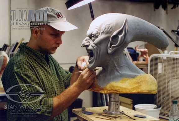 Ryan Kenneth Peterson sculpting a non Google eyed version of the Green Goblin at Studio ADI.