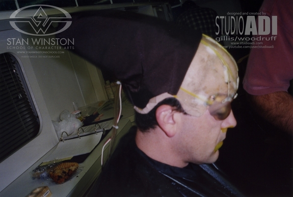 Tom Woodruff Jr. wearing the vacuform eye shells and foam latex test skin.