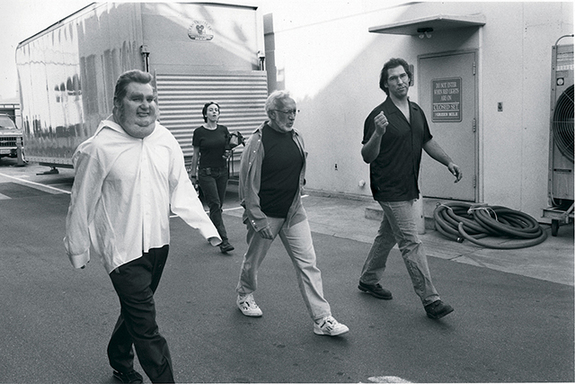 Myers as Fat Bastard(minus the bodysuit) takes a stroll with Winston & Smithson.