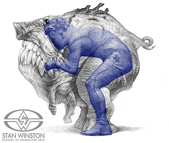 Approved concept artwork that shows the suit performer position inside in the Pig Lizard.