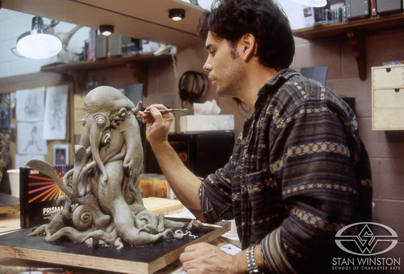 Christopher Swift sculpts a Thermian maquette for GALAXY QUEST at Stan Winston Studio.