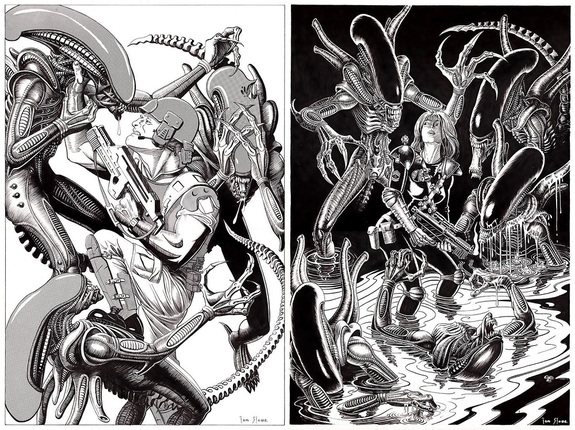 A couple "Aliens vs Marines" themed illustrations by Tom Stone.