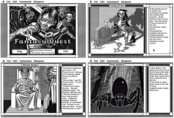 4 scenes from Fantasy Quest, an early computer-based fantasy game for the Apple Macintosh by Tom Stone.