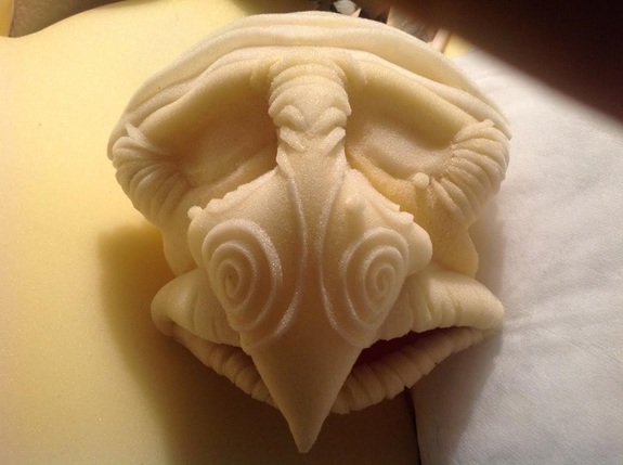 (Muppra in progress, the completed raw foam head.