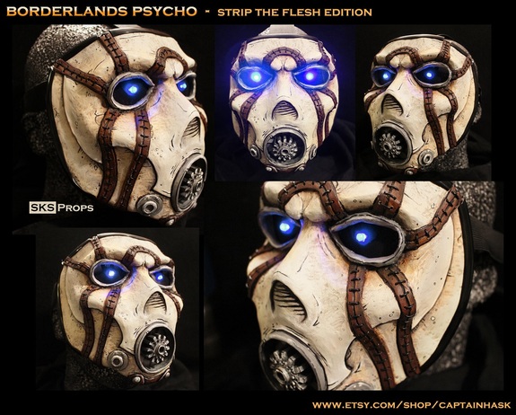 Strip the Flesh version of the Borderlands psycho bandit mask. Steven was hired by Borderlands to create this mask for the release of the Handsome Jack Collection. &nbsp;Each company kept one in their main office and the ones he painted gold were given away at Pax and several online contests.