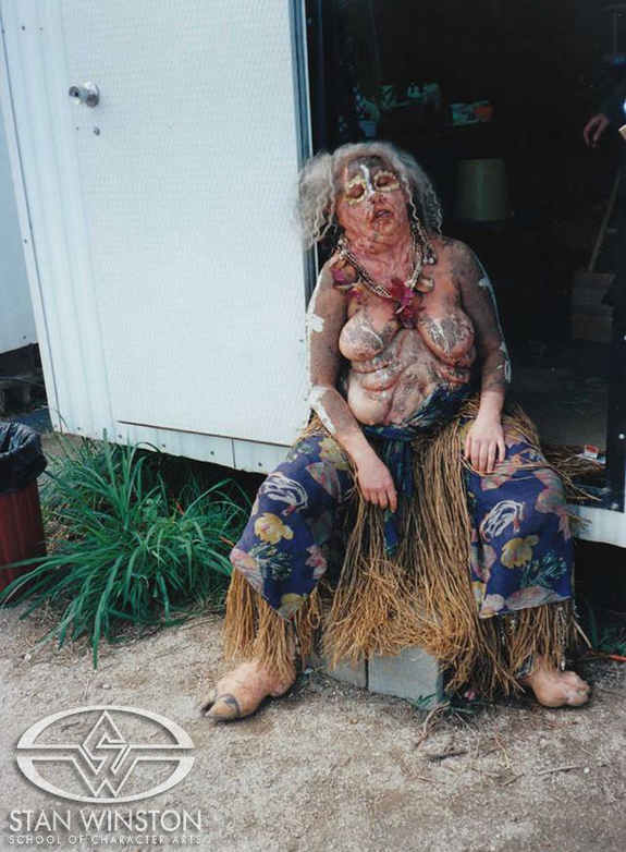 Actress Fiona Mahl on the set of The Island of Dr. Moreau in the finished Sow-lady makeup.