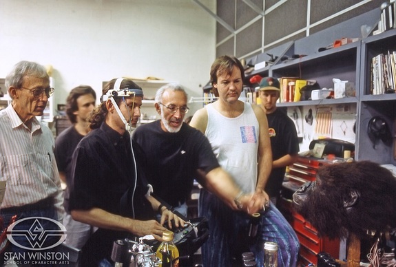 Gorilla puppeteer Brock Winkless demonstrates Amy for Stan Winston and studio visitor, makeup legend Dick Smith