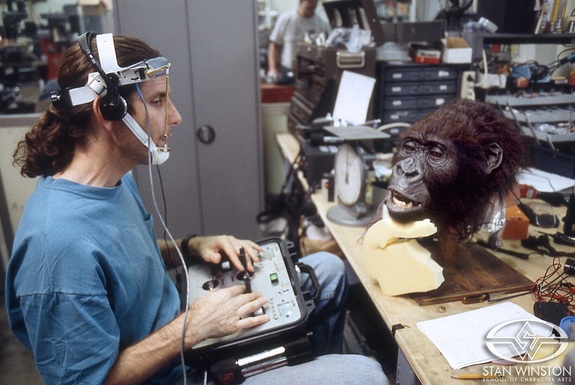 Puppeteer Brock Winkless rehearses with one of Amy’s radio-controlled heads.