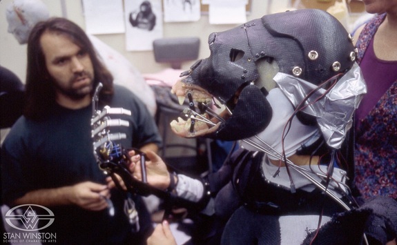 SWS mechanical designer Rich Haugen oversees the testing of Amy's articulated finger mechanisms.
