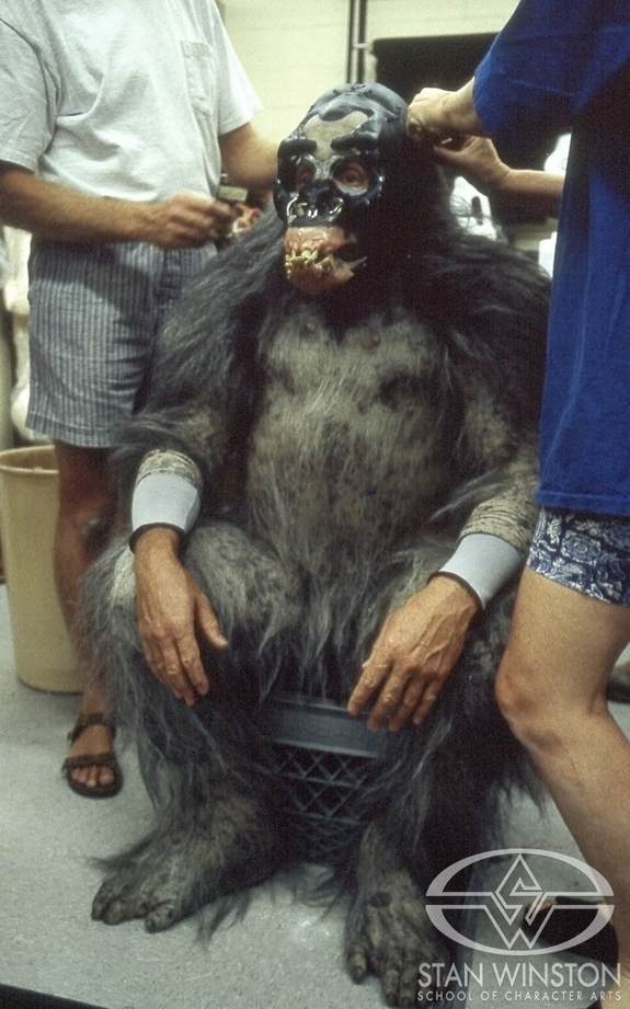 Gray gorilla test fitting at Stan Winston Studio.