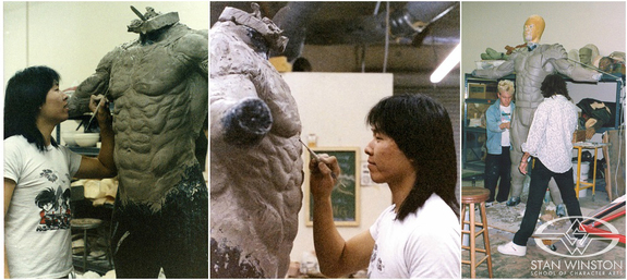 (Left & Middle)&nbsp;Steve Wang&nbsp;sculpts muscle definition into the SWS Predator suit. (Right)&nbsp;Shane Mahan &&nbsp;John Rosengrant&nbsp;work on&nbsp;the&nbsp;Predator suit sculpture at&nbsp;Stan Winston Studio.