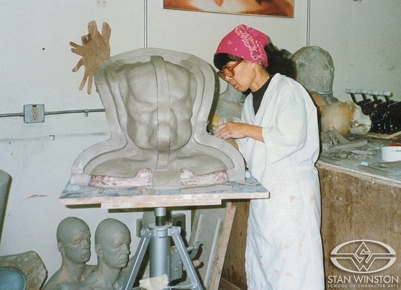 Predator crew member Michiko Tagawa works on the Predator head matrix&nbsp;mold at Stan Winston Studio.