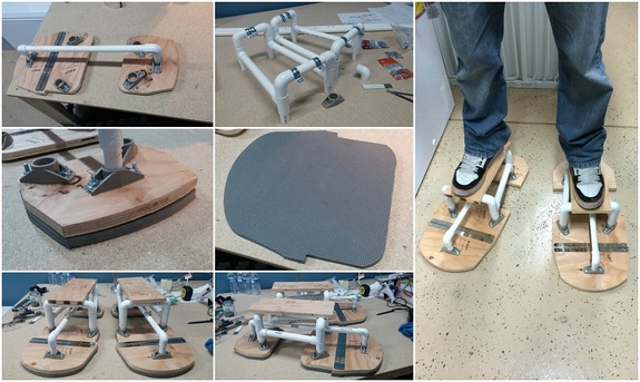 Building process of the feet. Tools: Pieces of wood, foam sheets, and pipes.