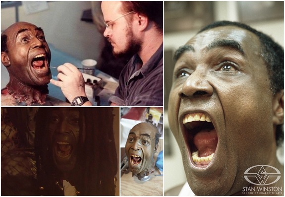 Clockwise from top left: Bruce Spaulding Fuller paints the King Willie head, reference photo of actor Calvin Lockhart, the severed head in progress, the head as it appears in the film.