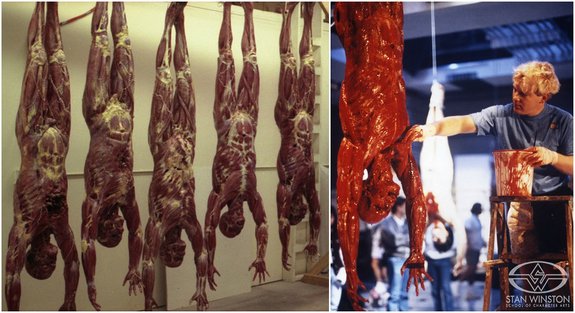 Left: The Jamaican gang members' skinned body dummies. Right: Shane Mahan adds fake blood to one of the skinned corpse dummies on set.