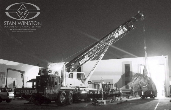 The finished Spinosaur makes its way out of Stan Winston Studio in preparation for the middle-of-the-night trip to Universal Studios.