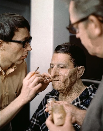 Dick Smith applies his groundbreaking age makeup to Dustin Hoffman for 1970’s Little Big Man.
